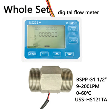 Close-up of the digital flow meter's backlit LCD screen showing measurements.
